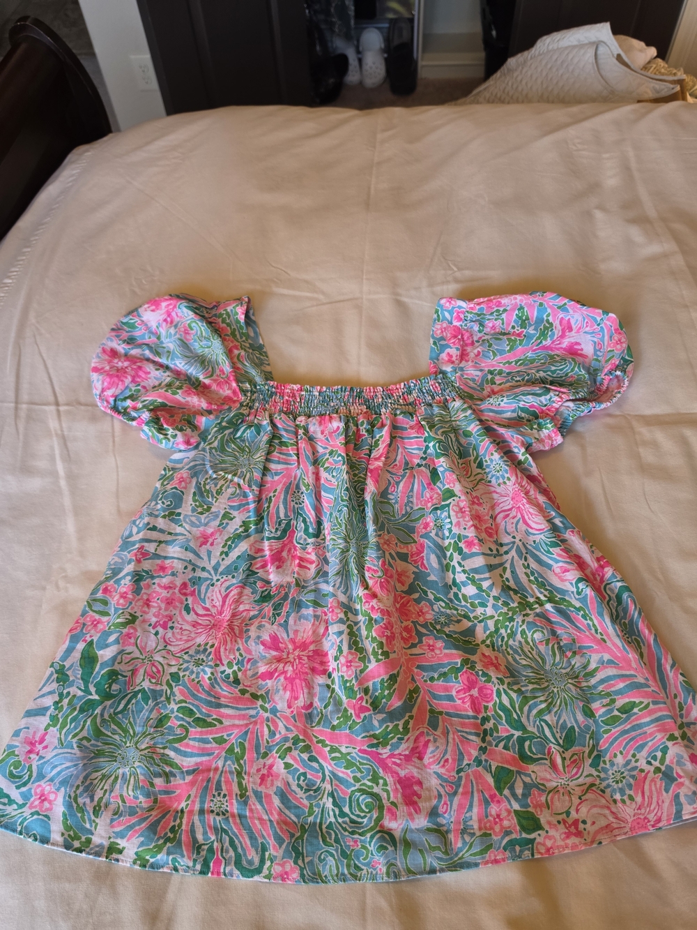 Lilly Pulitzer Pink and Green Floral Puff-Sleeve Top